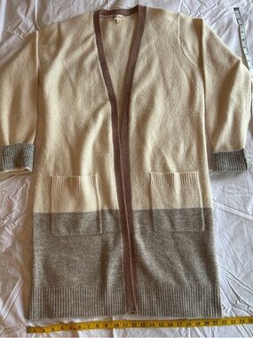 Hem & Thread Cream Open-Front Long Cardigan with Taupe Trim